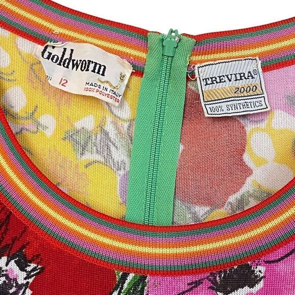 Goldworm Vintage 60s Anemone Vibrant Rainbow Floral Long Sleeve Dress Sz 12 - Picture 7 of 10